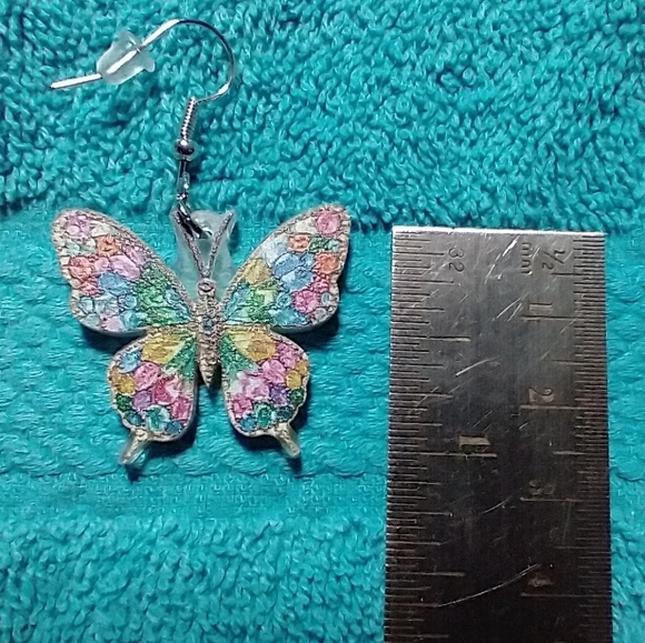 Cute floral flower butterfly earrings colorful multicolor wire dangle - Picture 2 of 3